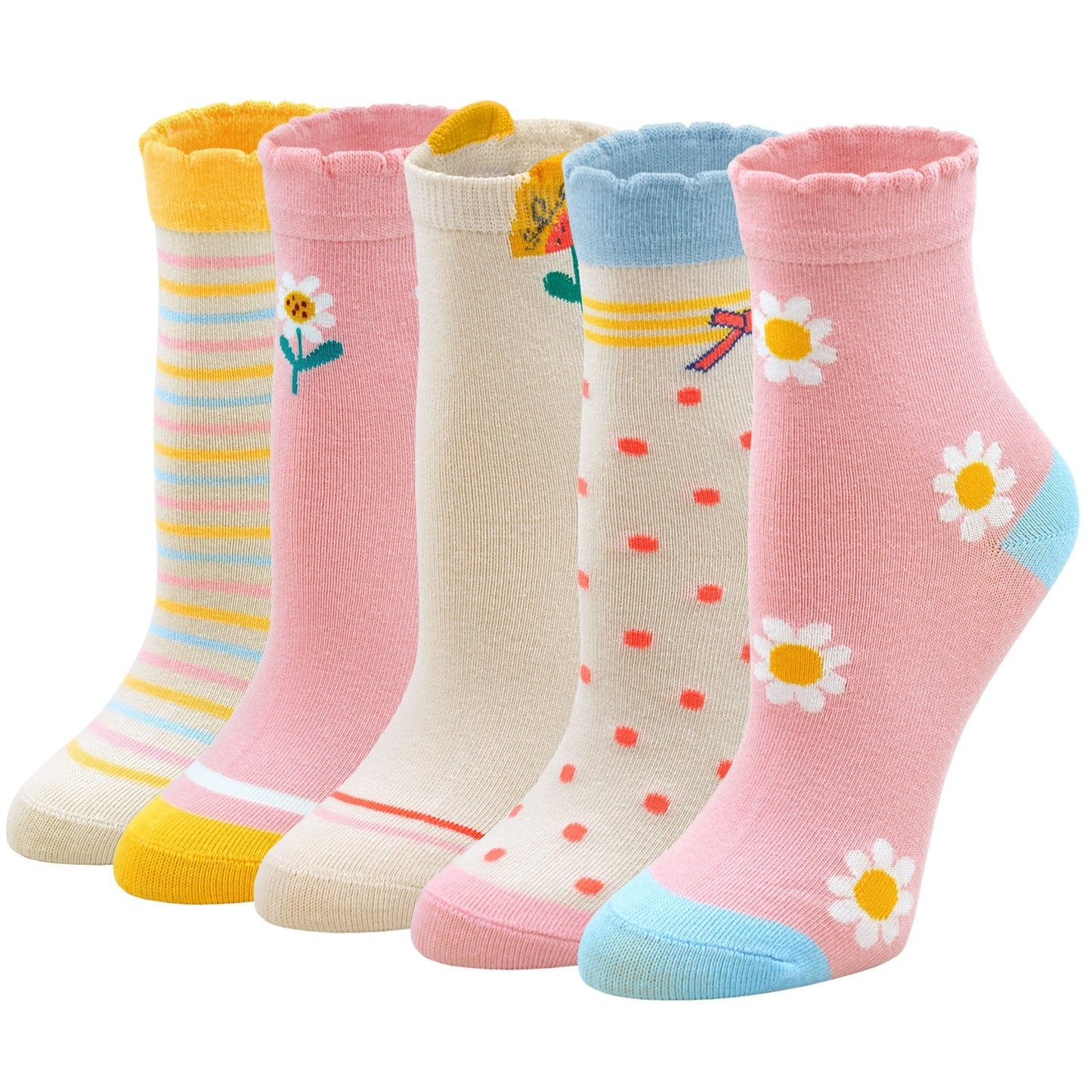 PUTUO Spring Design Flower Pink Socks for Girls Kids, 5 Pairs