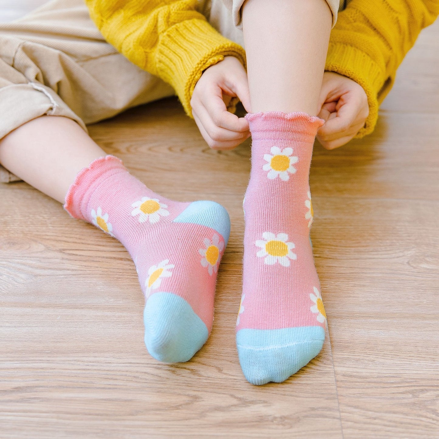 PUTUO Spring Design Flower Pink Socks for Girls Kids, 5 Pairs