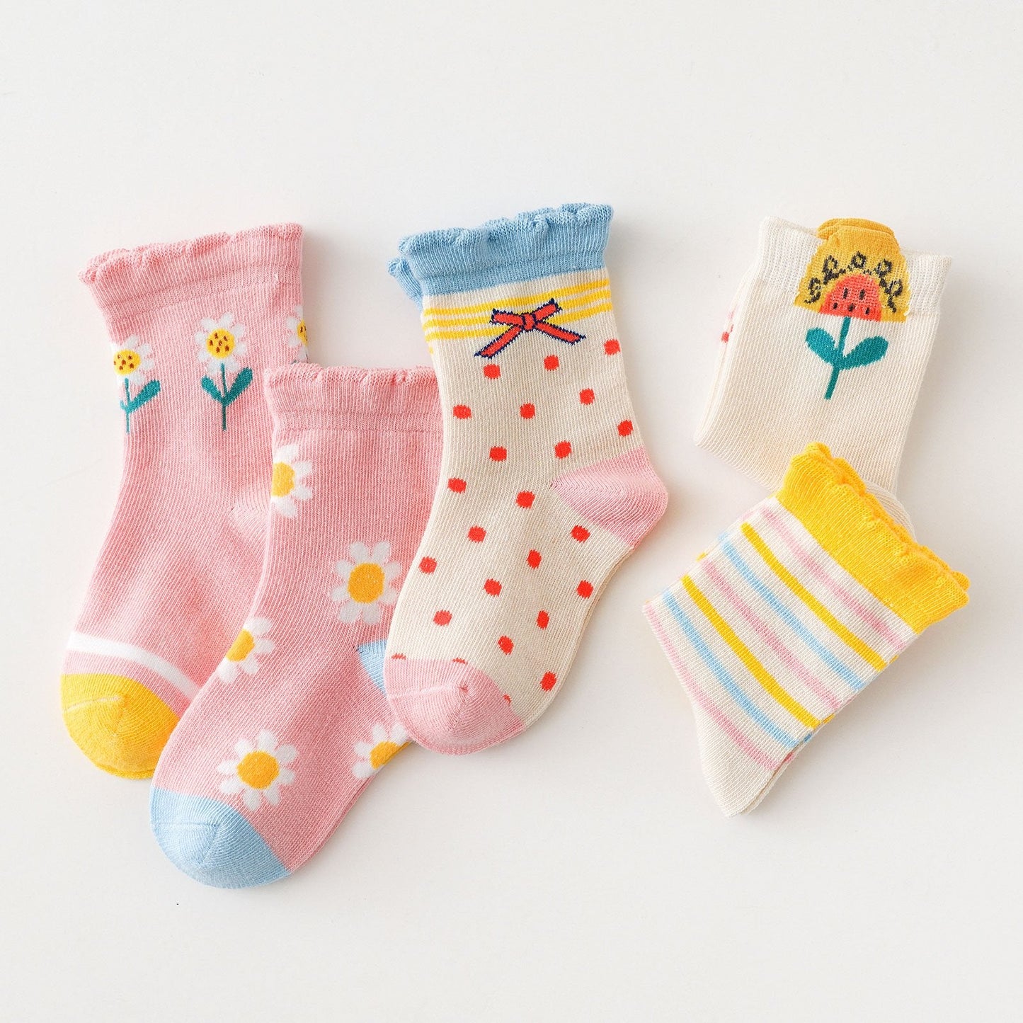 PUTUO Spring Design Flower Pink Socks for Girls Kids, 5 Pairs