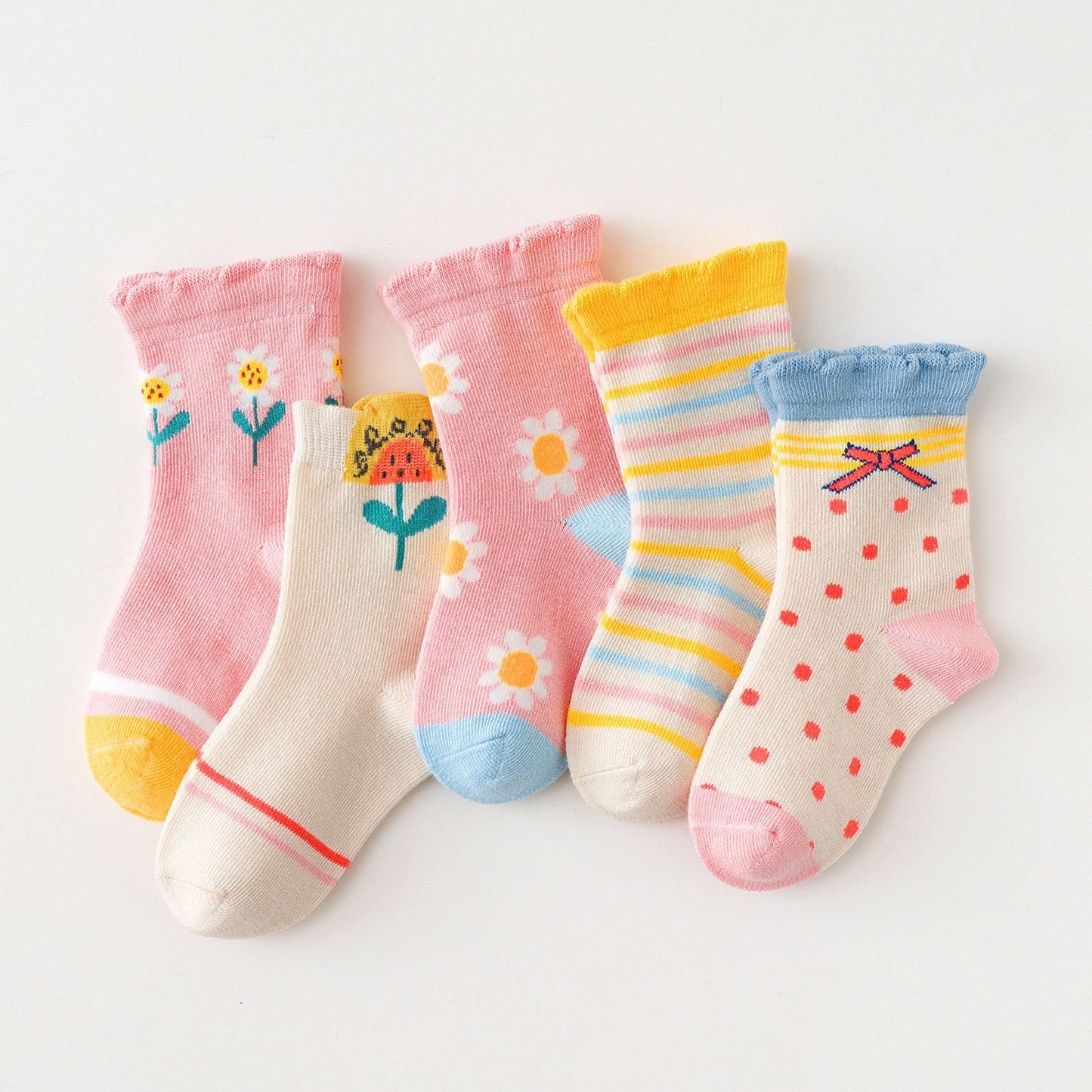 PUTUO Spring Design Flower Pink Socks for Girls Kids, 5 Pairs