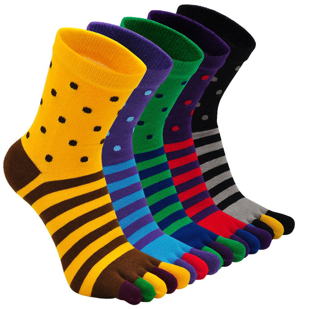 PUTUO Colorful Vibrant Striped Crew 5 Finger Socks for Men, 5 Pairs