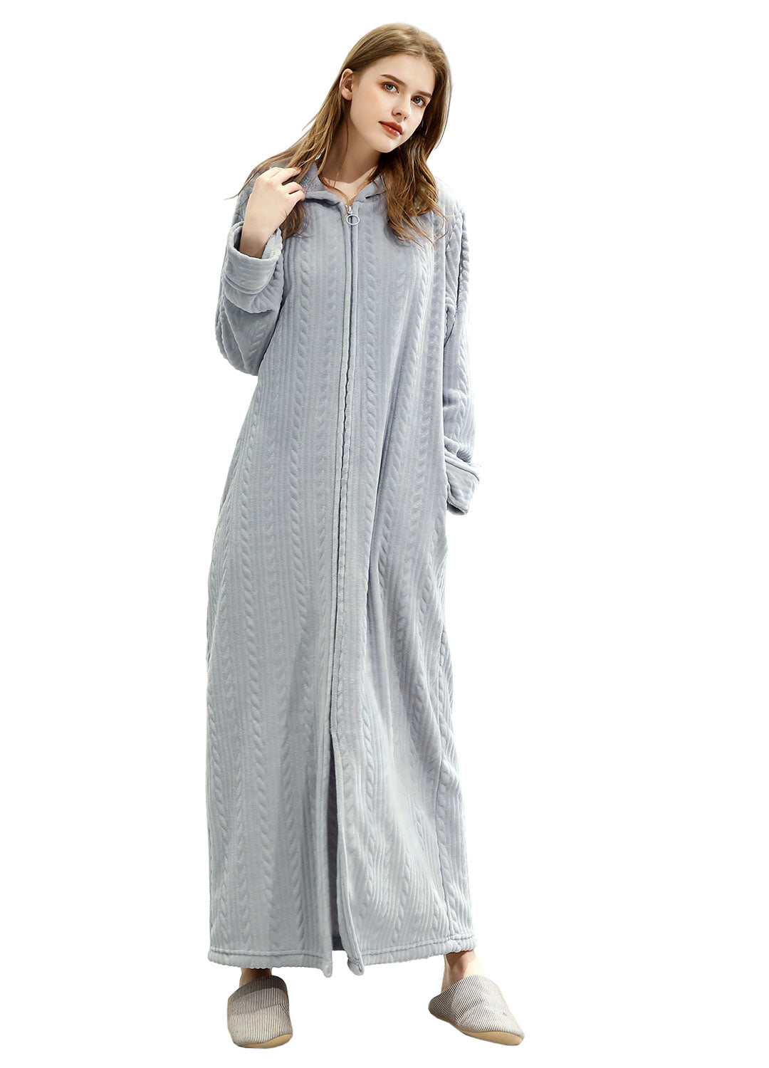 PUTUO Hooded Flannel Zip Up Dressing Gown Bathrobe For Men and Women