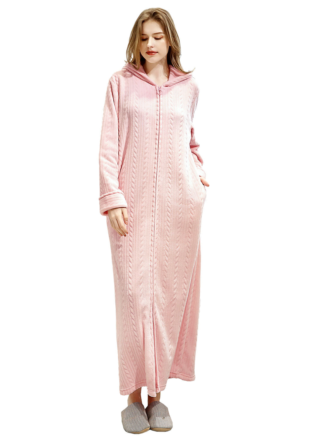 PUTUO Hooded Flannel Zip Up Dressing Gown Bathrobe For Men and Women