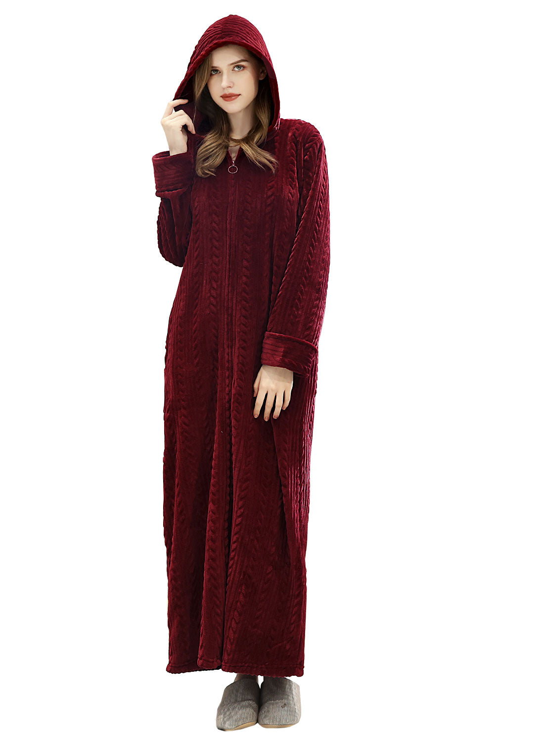 PUTUO Hooded Flannel Zip Up Dressing Gown Bathrobe For Men and Women