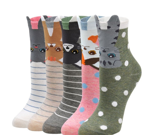 PUTUO Cute Cat Design Socks for Women Gift Ideas for Women, 5 Pairs