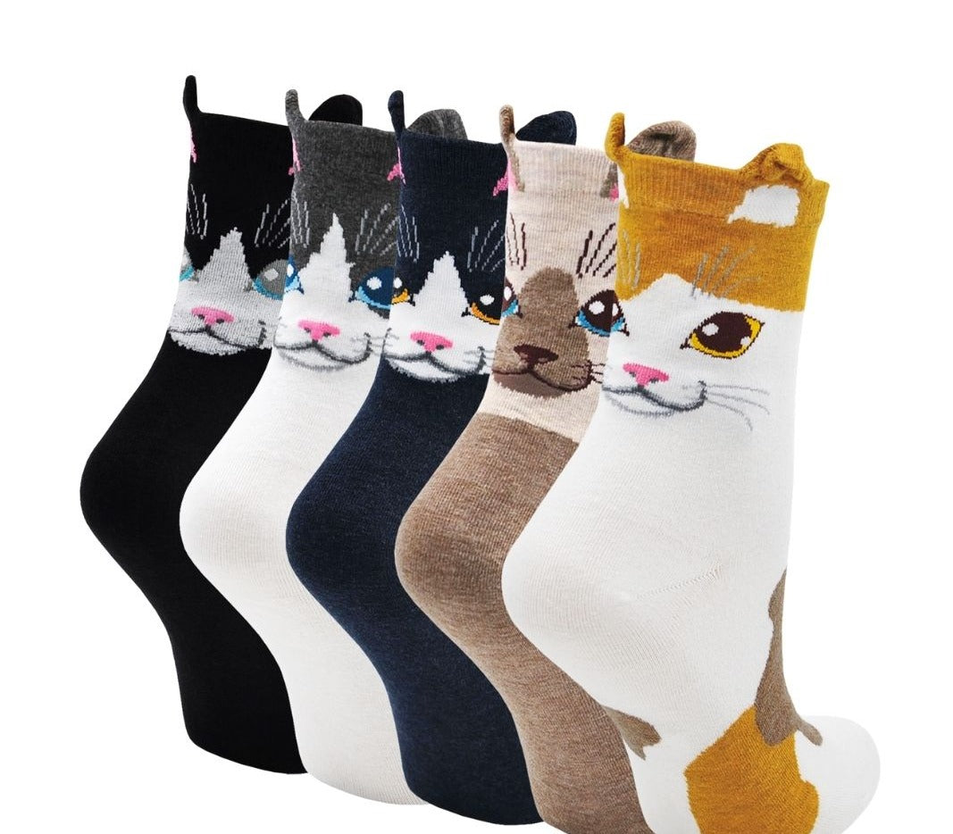 PUTUO Cute Cat Face Design Crew Socks for Women, 5 Pairs