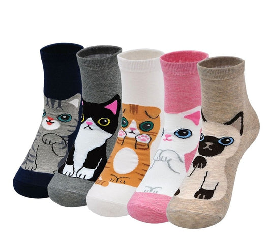 PUTUO Cute Cat Kittens Design Crew Socks for Women, 5 Pairs