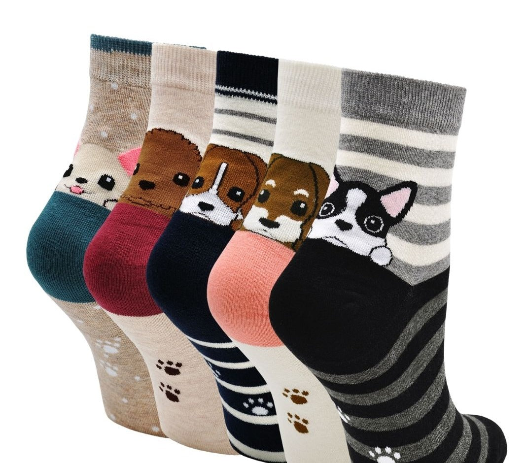 PUTUO Cute Dog Design Crew Socks For Women, 5 Pairs