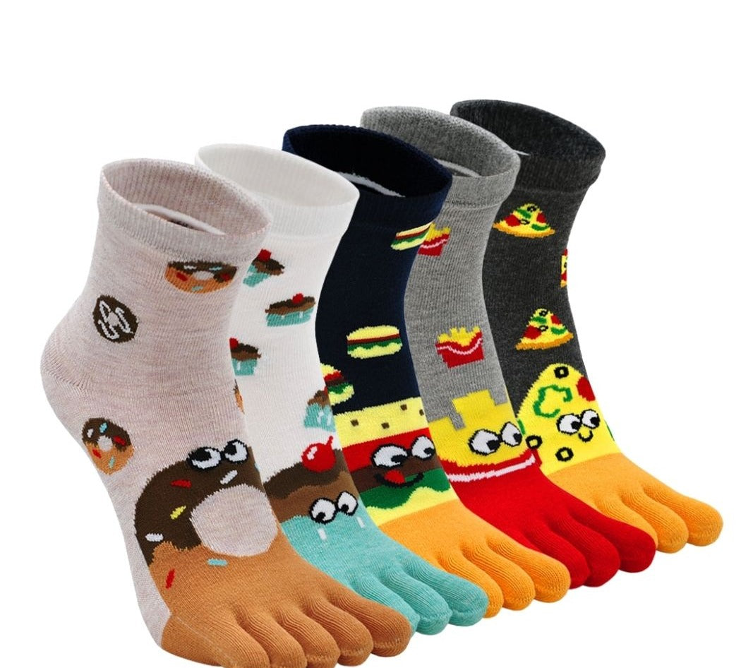 PUTUO Cute Food Design 5 Finger Crew Socks for Women, 5 Pairs