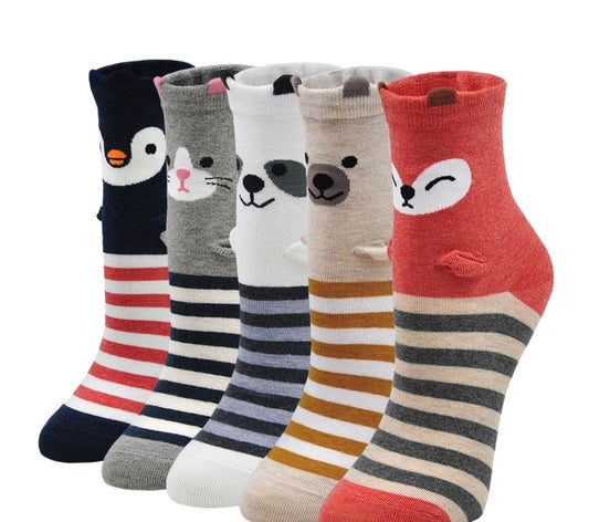 PUTUO Cute Stripes Animal Design Crew Socks, 5 Pairs