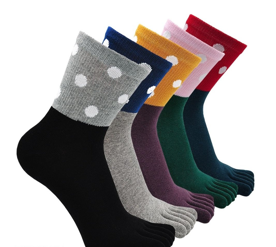 PUTUO Polka Dots Design 5 Finger Crew Socks for Women, 5 Pairs