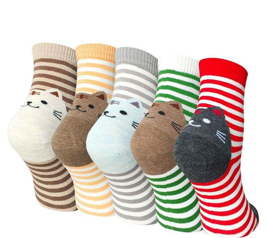 PUTUO Cute Stripes Cat Design 5 Finger Crew Socks for Women, 5 Pairs