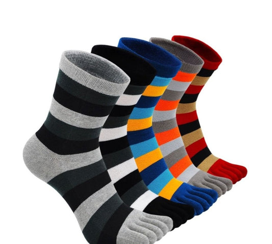 PUTUO Colorful Vibrant Striped Crew 5 Finger Socks for Men, 5 Pairs