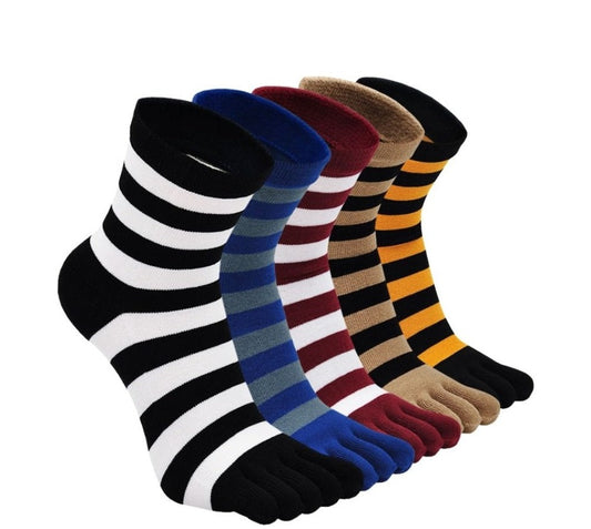 PUTUO Mixed Colors Striped Crew length 5 Finger Socks for Men, 5 Pairs