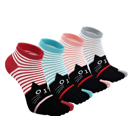 PUTUO Finger Cute Stripes Cat Design Toe Socks for Women, 4 Pairs