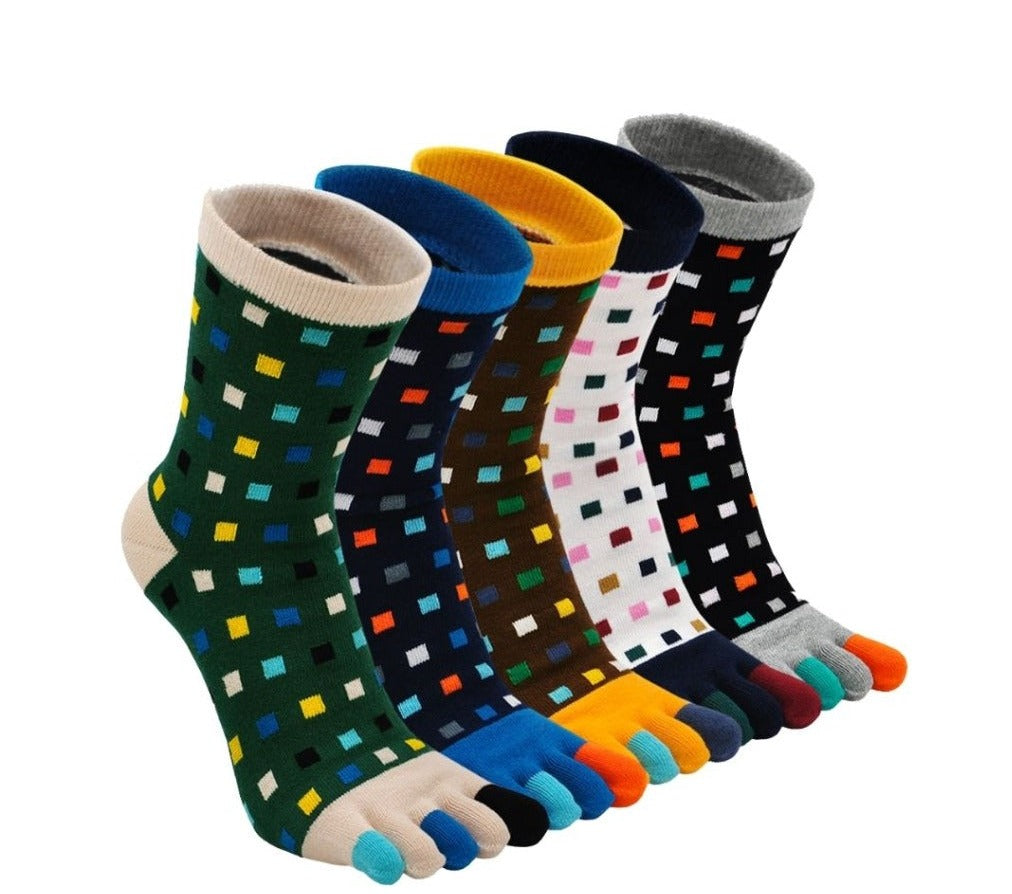 PUTUO Vibrant Colors  5 Finger Crew Socks with Square patterns for Men, 5 Pairs